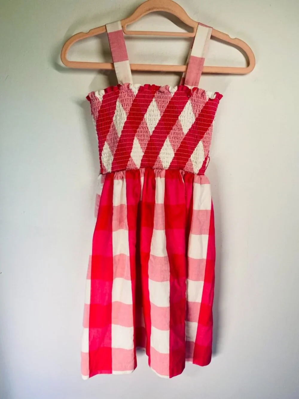 Girls Pink & White Checkered Sundress With Smocked Top & Straps Size 12
